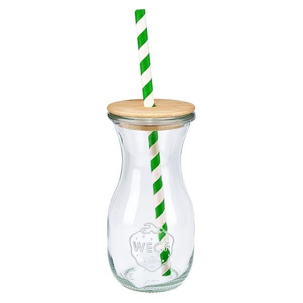Bocal conique WECK 290 ml (1/5 L) avec couvercle WECK Bouteille de jus de fruits 290ml avec couvercle en bois naturel et paille écologique verte et blanche Vue simple verre à boire