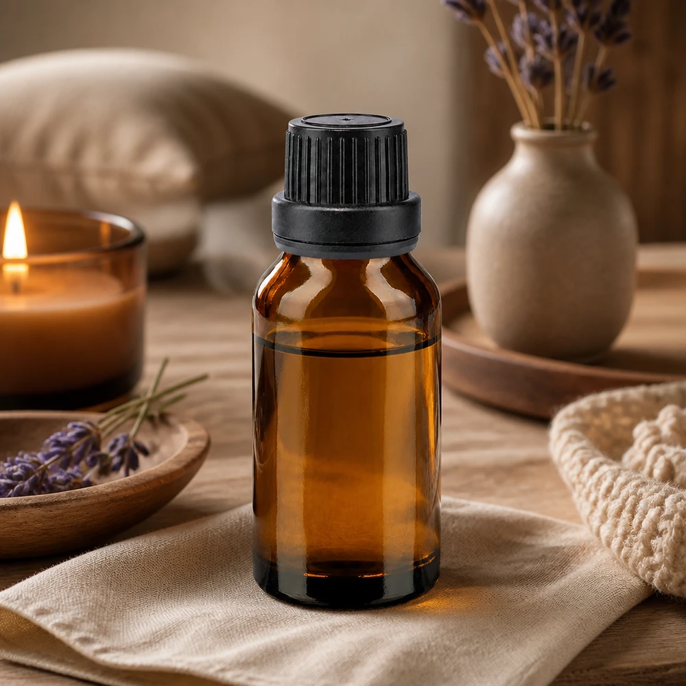 Flacon à pharmacie brun 30ml bouchon vissable noir bouchon inviolabilité Flacon de pharmacie de 30 ml en verre ambré avec bouchon OV noir, entouré d'une bougie et d'un décor naturel