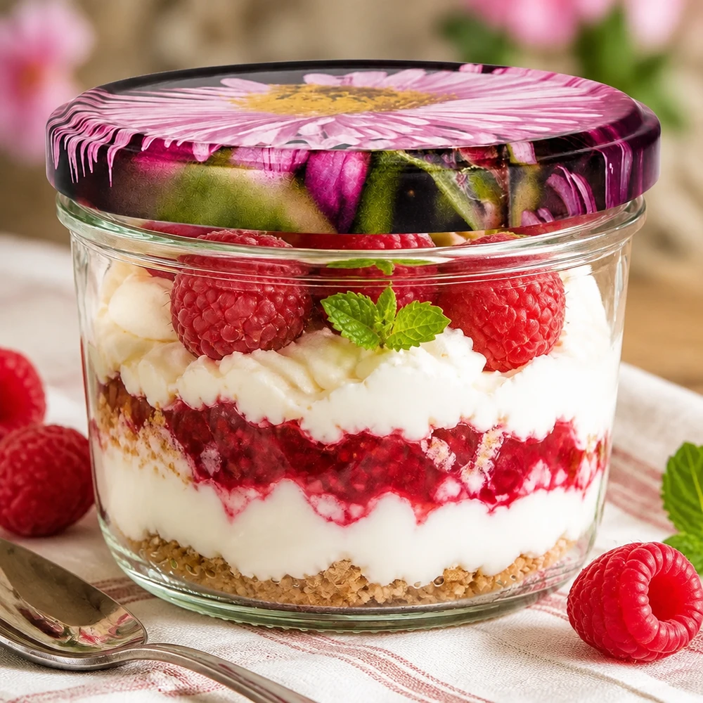 Verre renversé 230ml BasicSeal Couvercle fleuri rempli de dessert à la framboise, dessert stratifié avec crème et baies fraîches