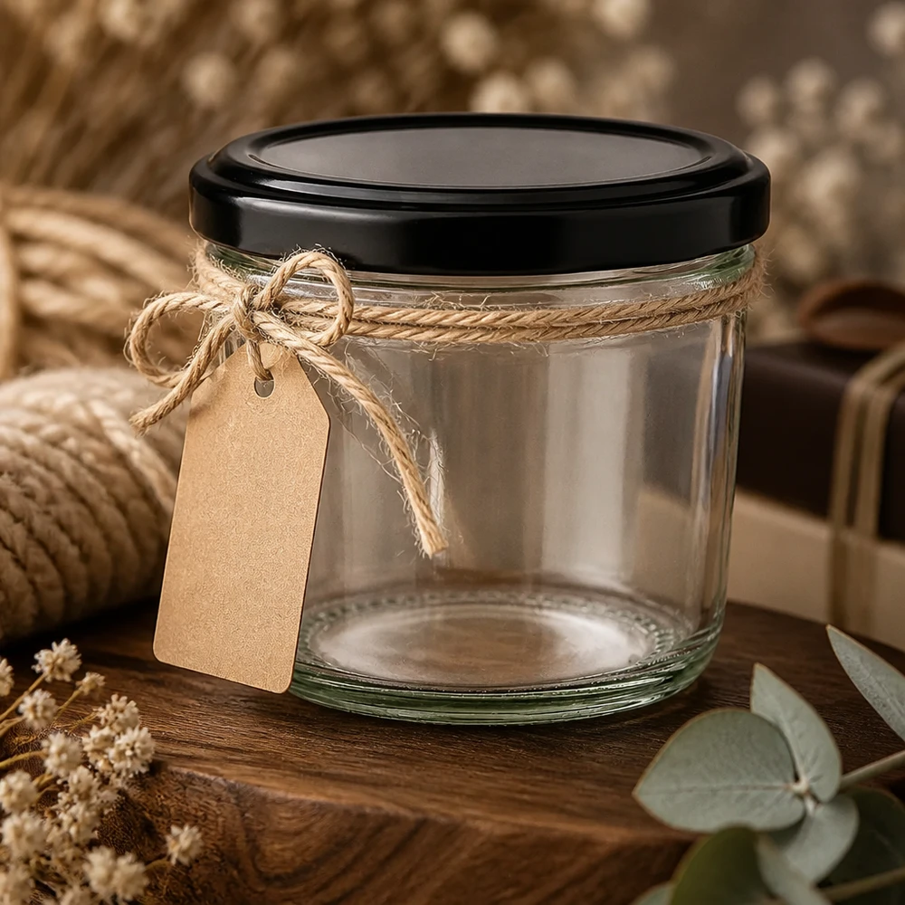 Verre renversé de 230 ml avec couvercle noir et boucle de jute comme emballage cadeau sur fond de bois rustique