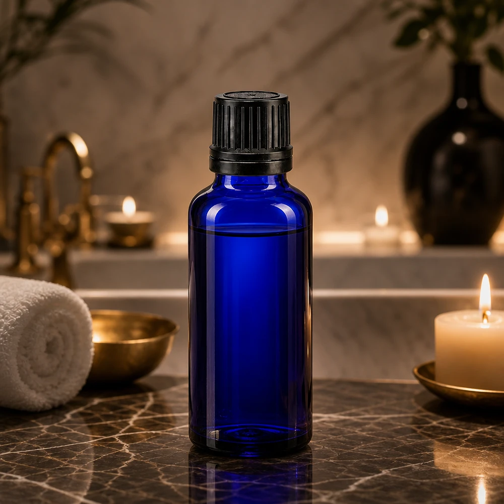 Bouteille de pharmacie bleue 30ml bouchon vissable noir bouchon d'inviolabilité Flacon en verre bleu de 30 ml pour huiles essentielles, muni d'un bouchon d'inviolabilité noir de 8 mm