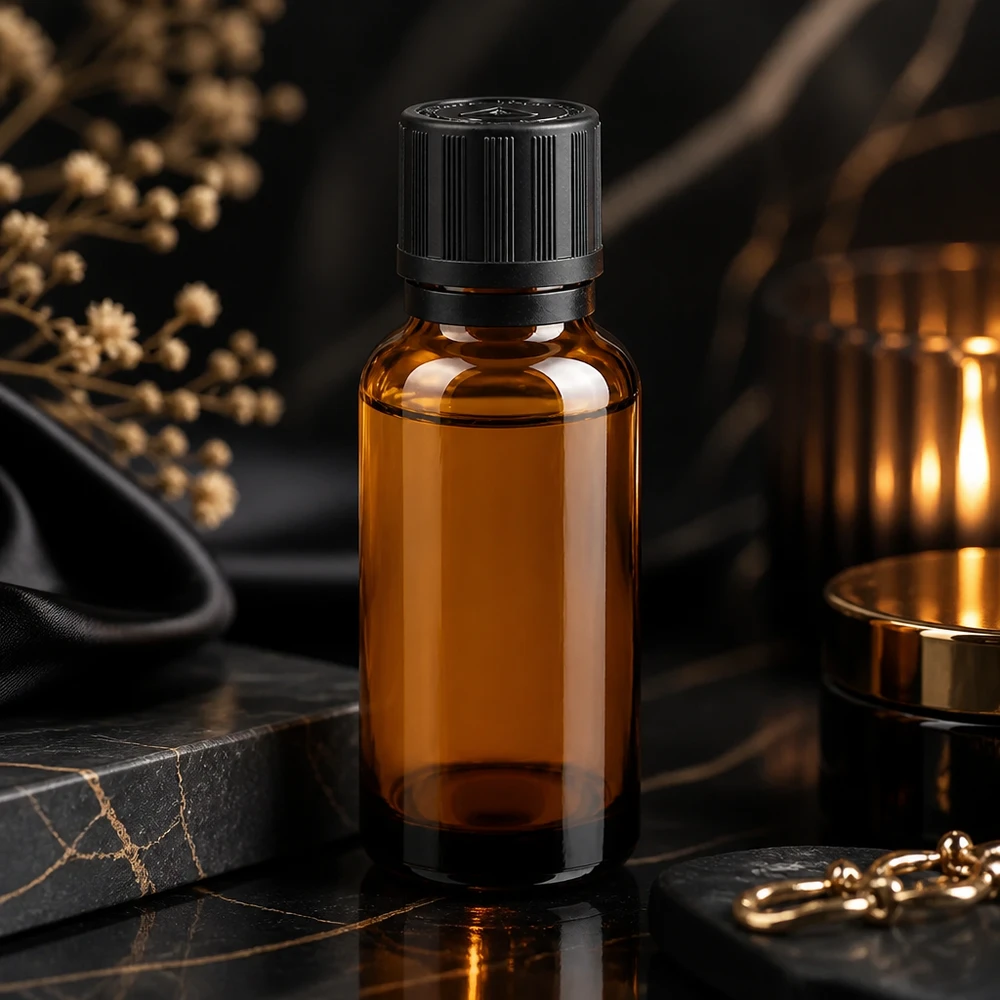 Flacon en verre ambré de 20 ml avec bouchon d'origine à sécurité enfant et fond doré évoquant la lueur d'une bougie