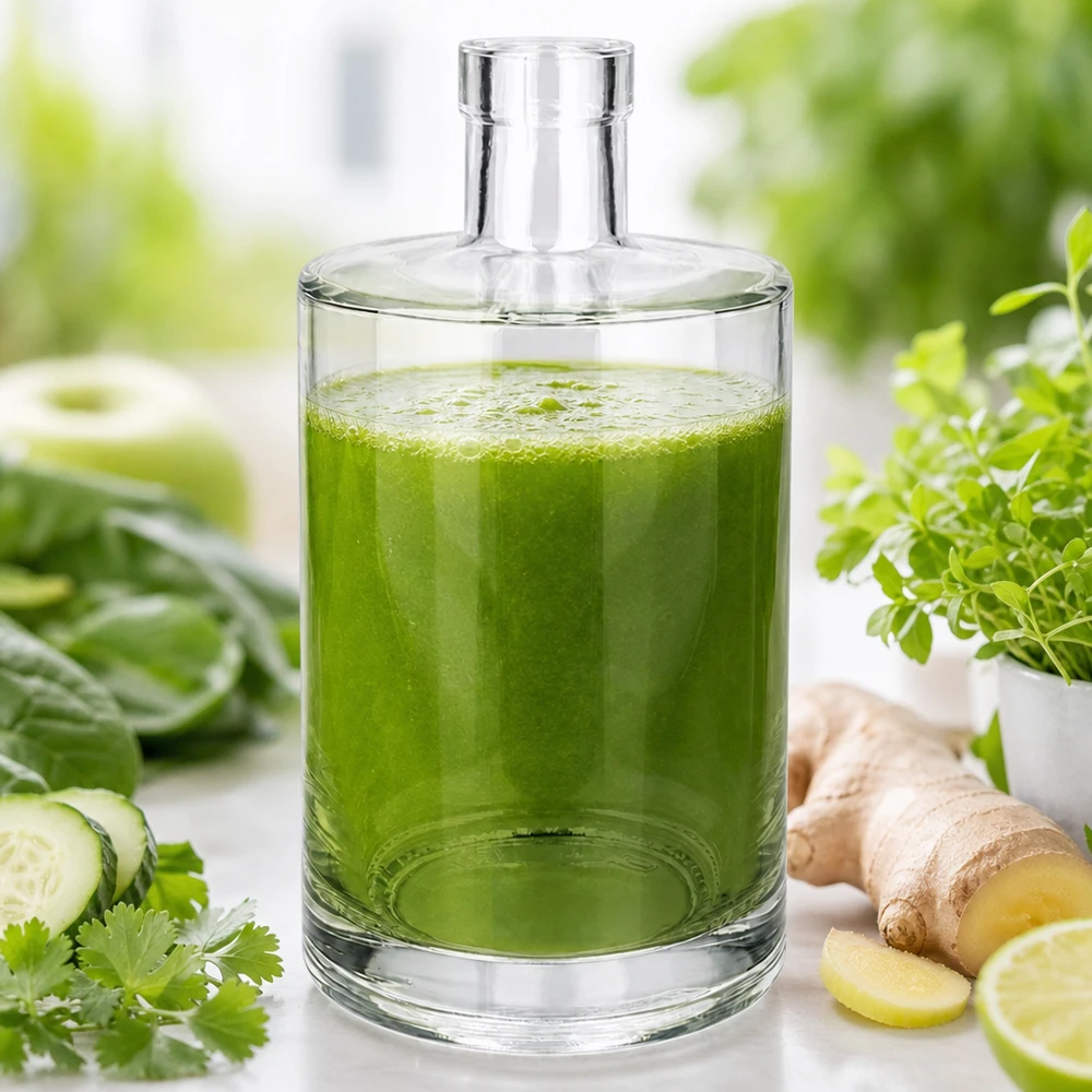 Bouteille en verre 700 ml « Marie » sans bouchon UNiTWIST® Bouteille en verre Marie de 700 ml remplie de smoothie vert à côté de concombre, de gingembre et d'herbes sur fond clair