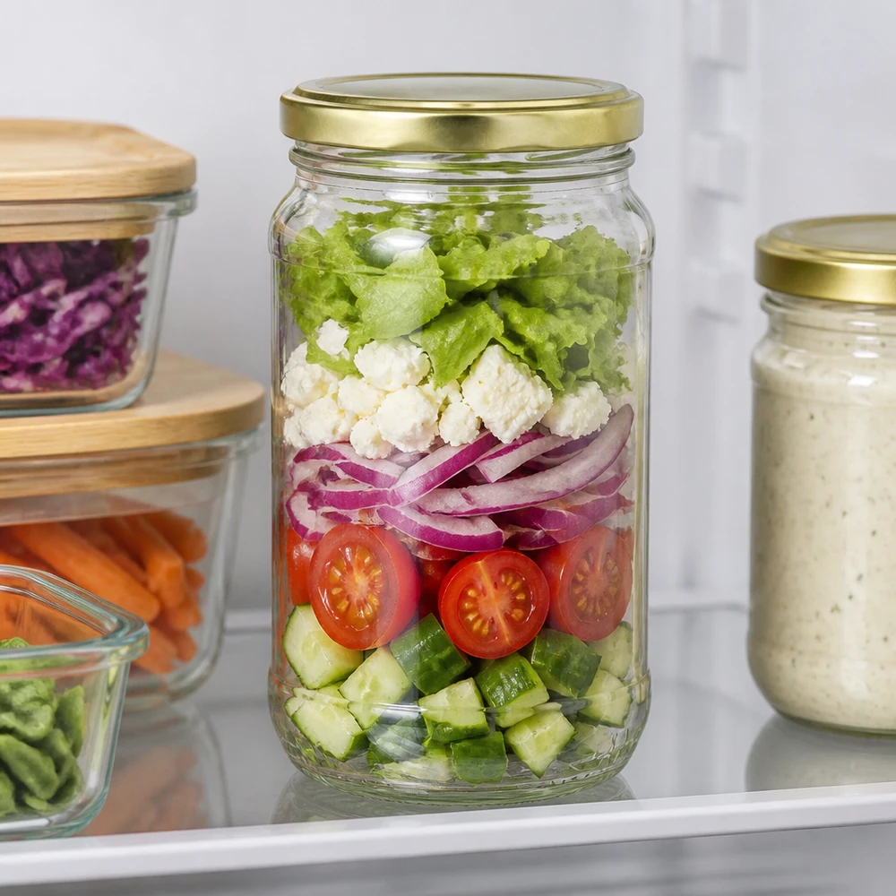 Bocal compact de 370 ml avec couvercle à vis doré BasicSeal pour conserver la salade