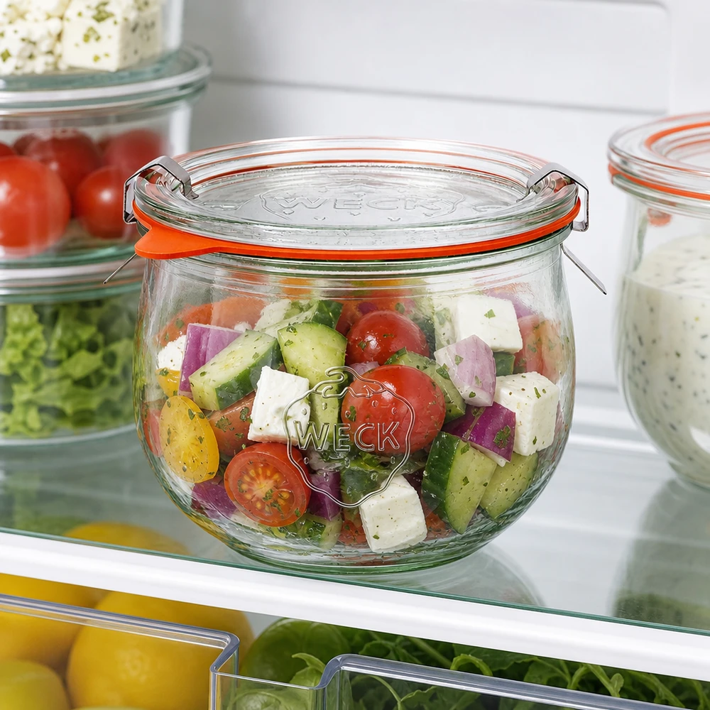WECK Pot tulipe 580ml RR100 avec salade colorée dans le réfrigérateur, conservation pratique de Meal-Prep pour les ingrédients frais