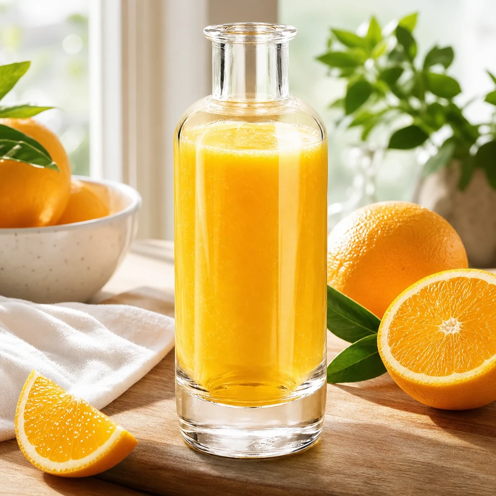 Bouteille en verre de 200 ml Ella remplie de jus d'orange entourée d'oranges fraîches montre des boissons naturelles aux fruits Application