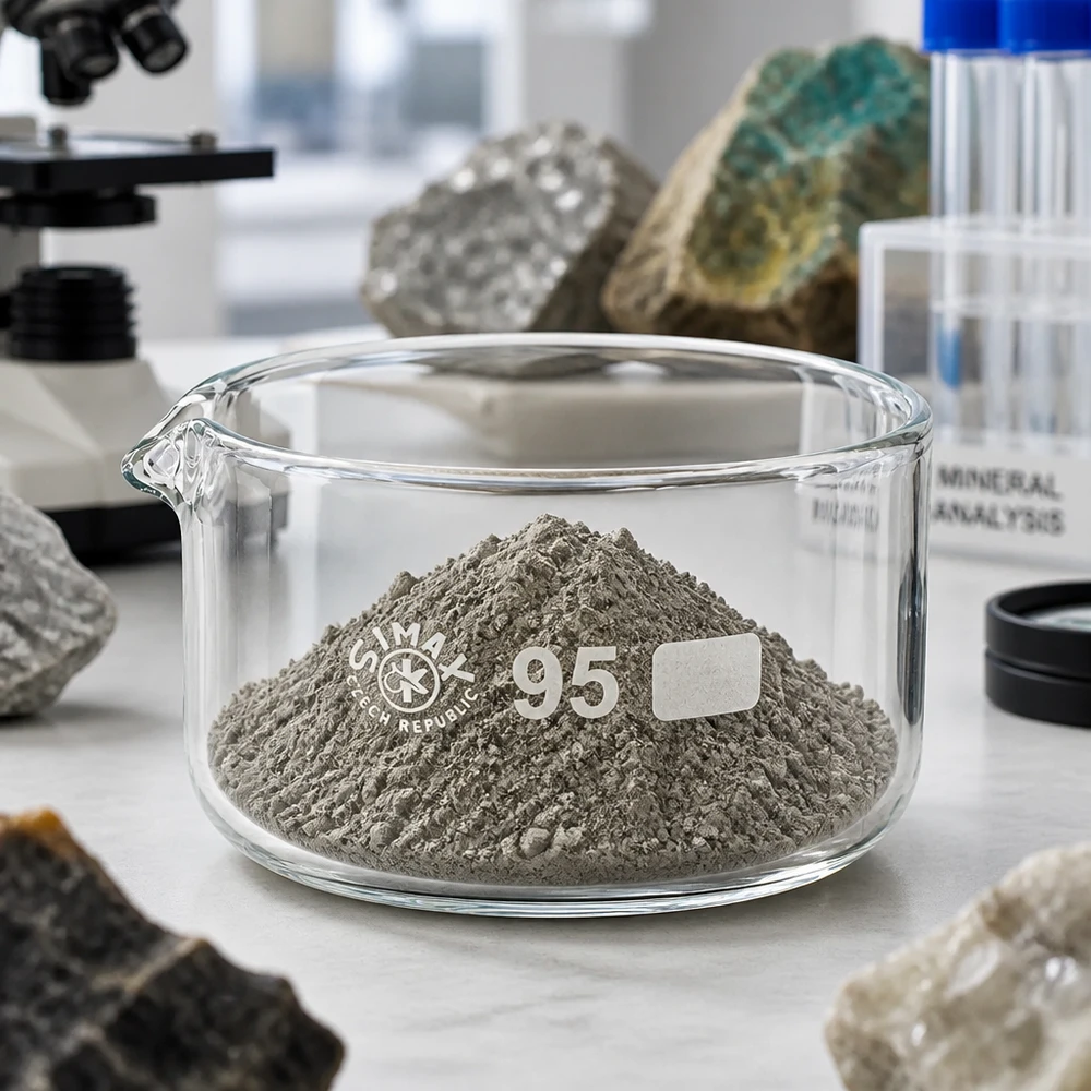 Coupelle en verre SIMAX de 95 mm de diamètre contenant de la poudre de roche fine, destinée à l'analyse minérale en laboratoire