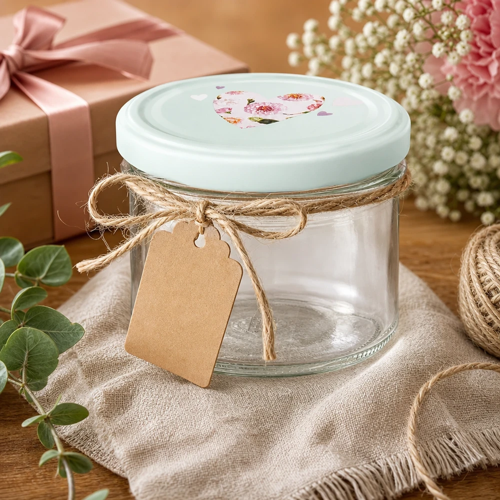 Verres de 225 ml + couvercle BasicSeal cur menthe UNiTWIST 225ml verre renversé menthe BasicSeal couvercle en forme de coeur comme idée de cadeau décoré avec une corde de jute et un pendentif