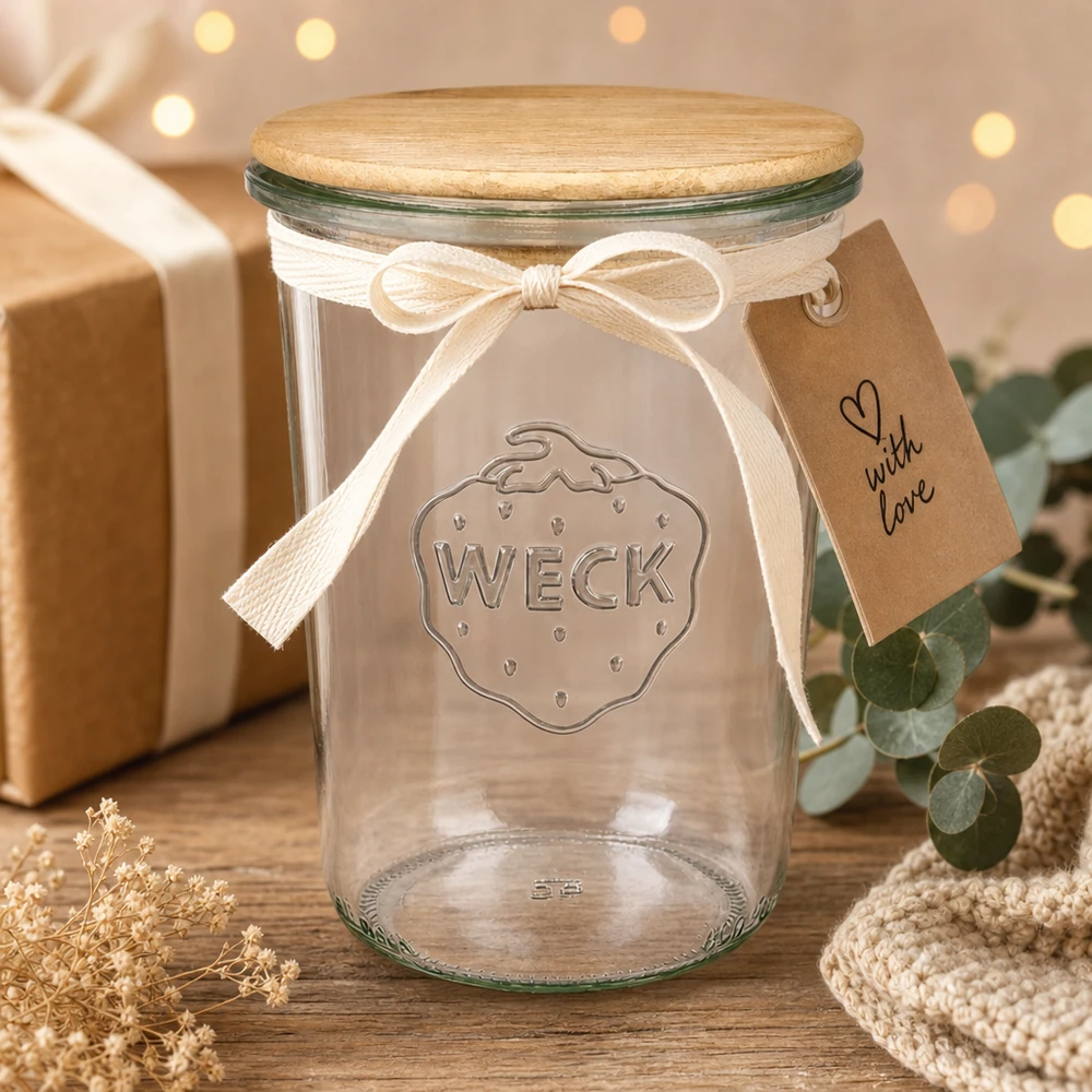 850ml bocal conique WECK RR100 avec couvercle en bois WECK Verre renversé 850ml RR100 Couvercle en bois Emballage cadeau avec ruban Jour de fête Décoration Noël