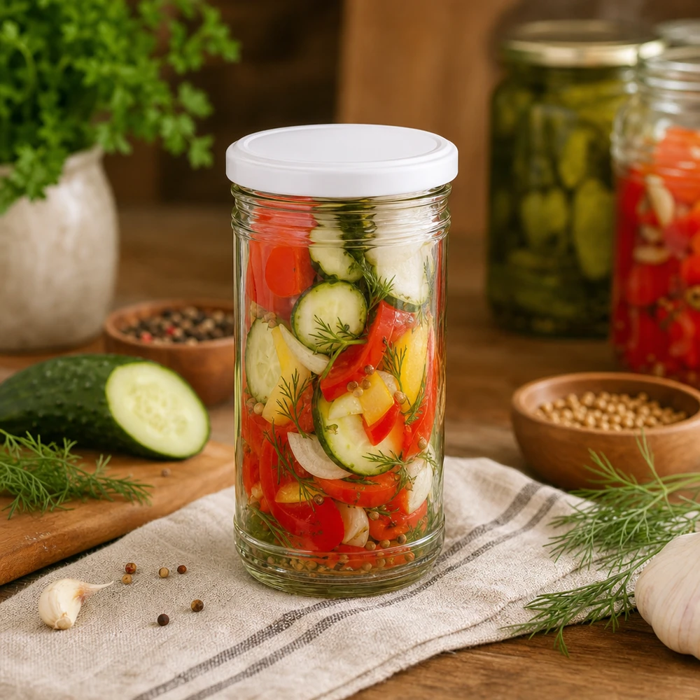 1053ml Verre conique avec couvercle BasicSeal blanc UNiTWIST Bocal de 1053ml avec mélange de légumes Concombres Poivrons Oignons Aneth montre une utilisation polyvalente comme bocal de conservation