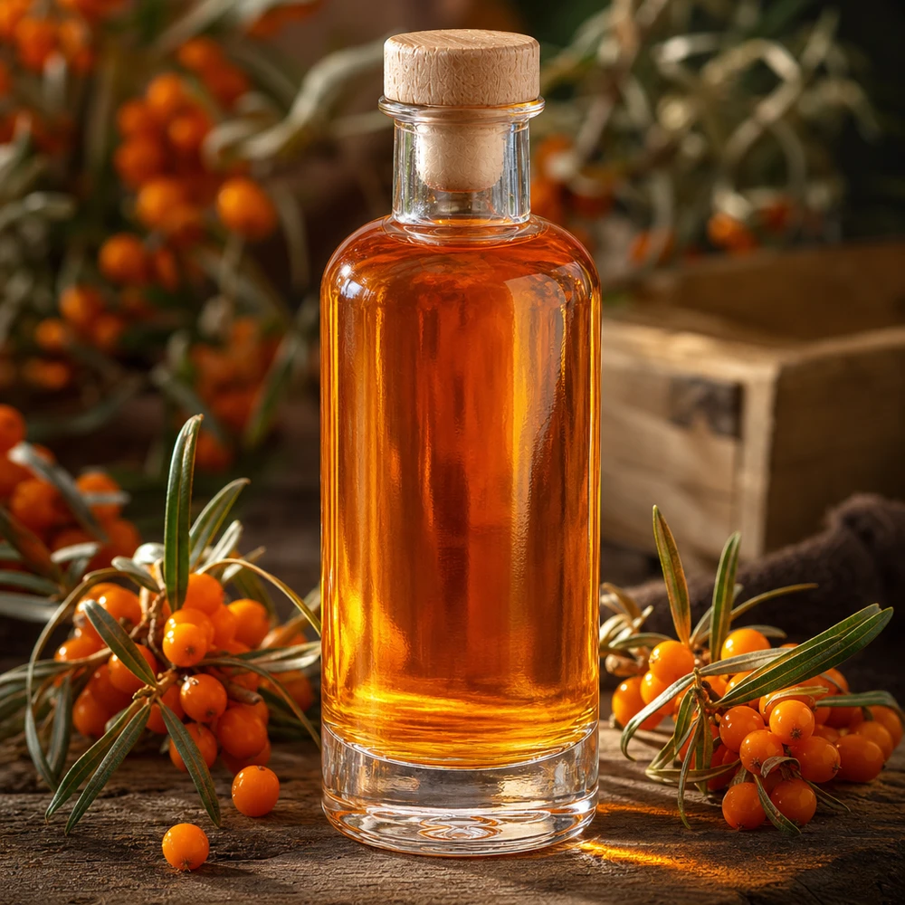 Bouteille Ella » avec bouchon en bois UNiTen verre 200 ml « WIST® Bouteille en verre Ella de 200 ml avec bouchon en bois remplie d'huile d'argousier orange entre des branches d'argousier fraîches