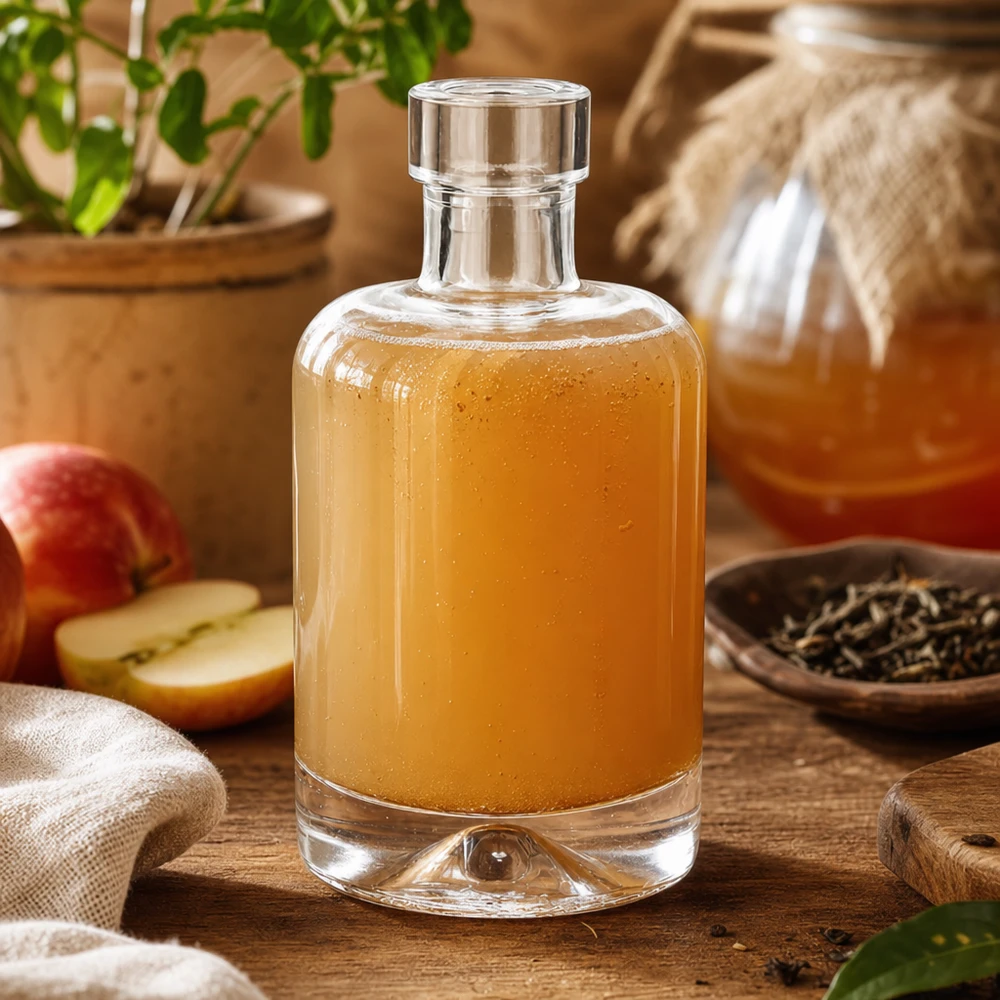 Flacon en verre 50 ml « 50ml Glasflasche "Amelie" ohne Verschluss UNiTWIST » sans bouchon UNiTWIST® Bouteille en verre Amélie de 50 ml remplie de vinaigre de cidre à côté de tranches de pommes et d'épices montre l'utilisation pour le vinaigre et la vinaigrette