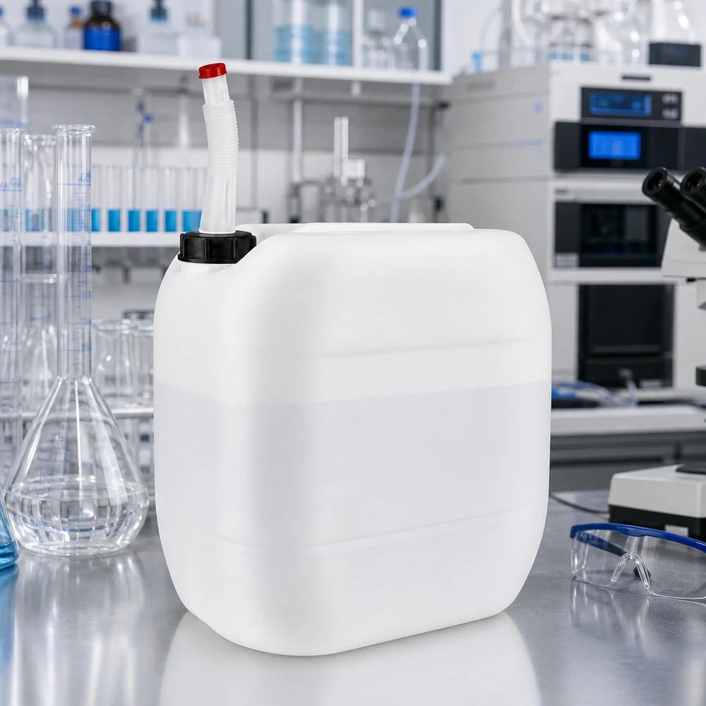 Bidon carré en PEHD de 30 litres avec bec verseur flexible, destiné à un environnement de laboratoire
