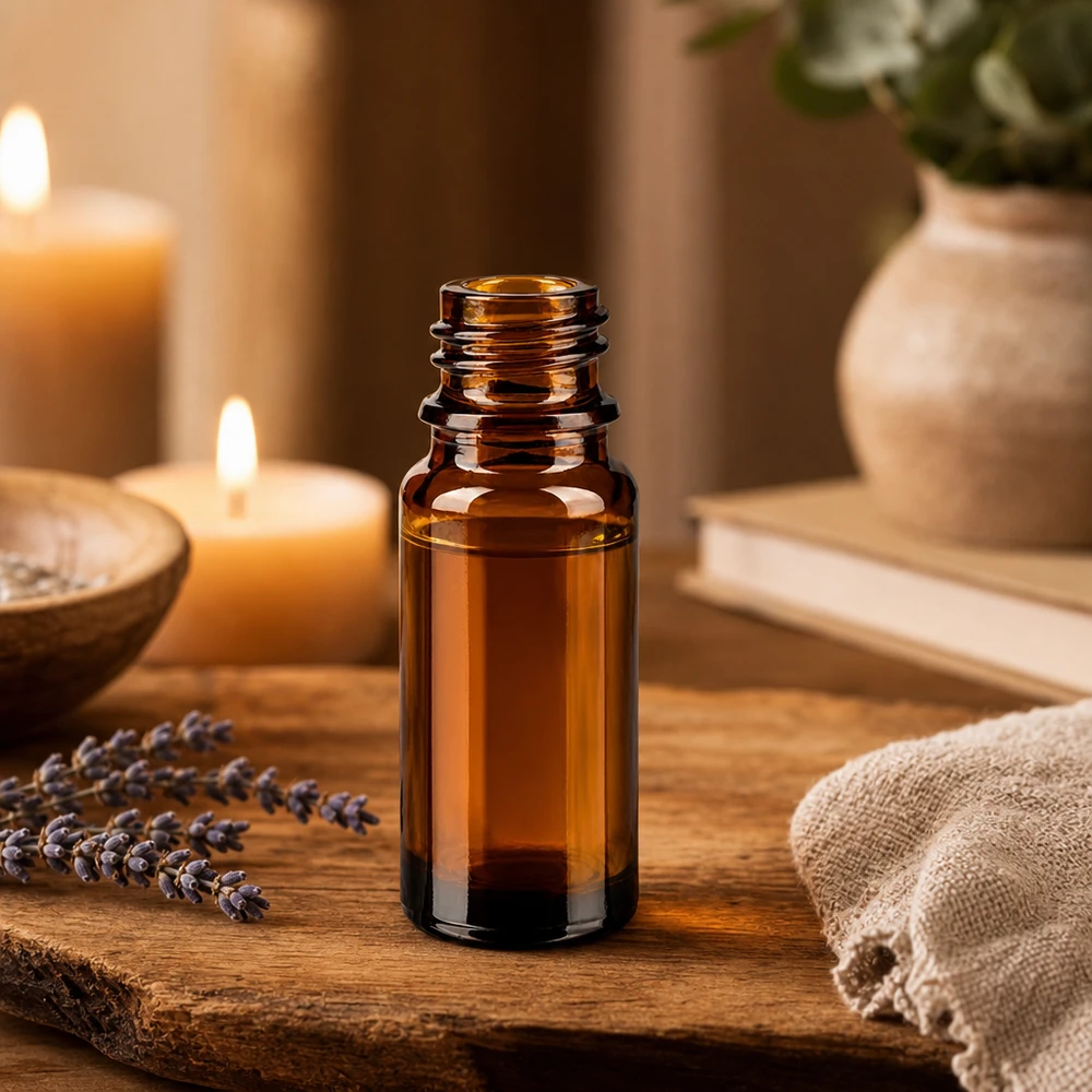 Bouteille de pharmacie brune de 10ml ApoGlas avec bougies aux fleurs de lavande et accessoires d'aromathérapie sur plateau en bois