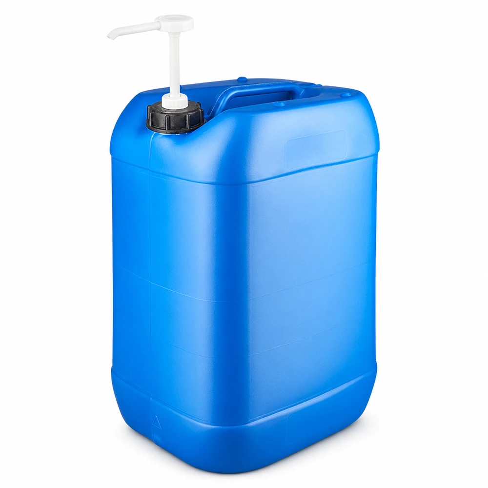 Bidon de 25 litres bleu avec pompe doseuse Bidon rectangulaire en PEHD de 25 L, de couleur bleue, avec pompe intégrée et bouchon à vis noir