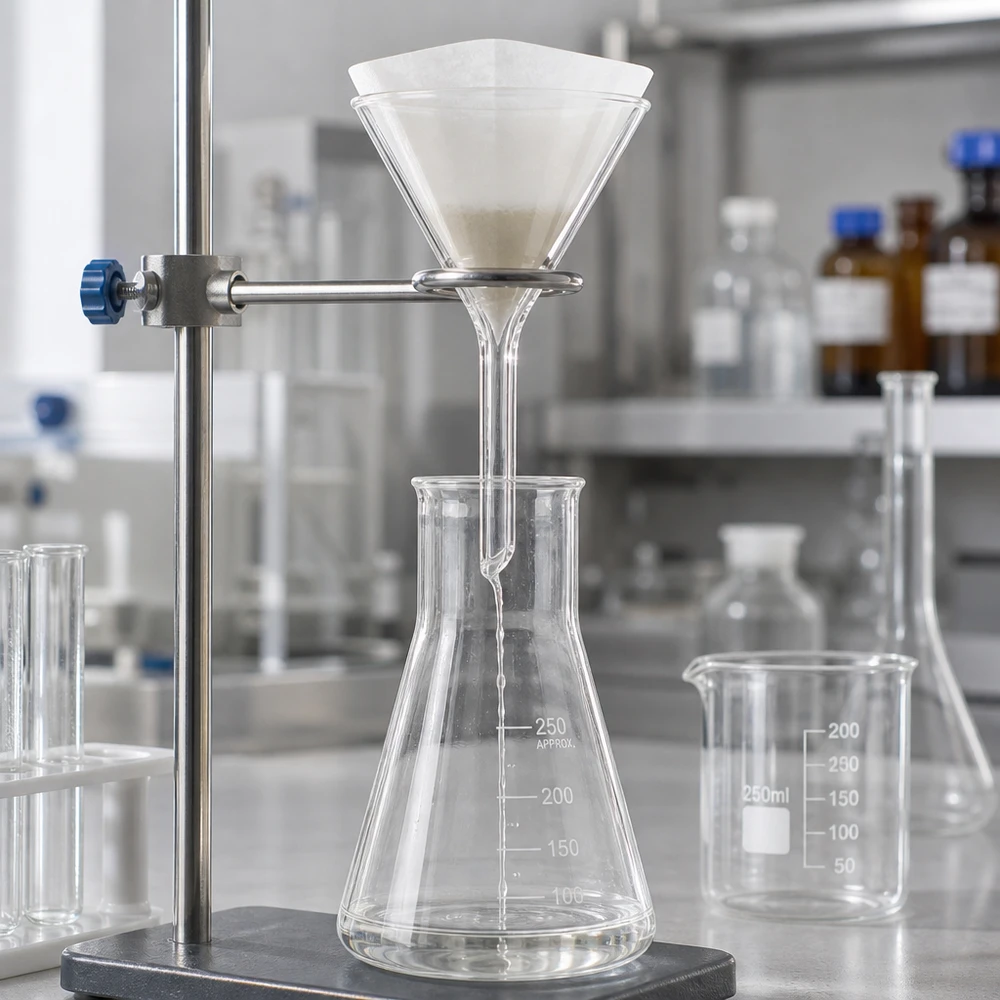 Entonnoir Ø 45mm - verre borosilicate 3.3 - angle 60° Entonnoir en verre transparent de 45 mm de diamètre avec un angle de 60 degrés pour les applications chimiques en laboratoire
