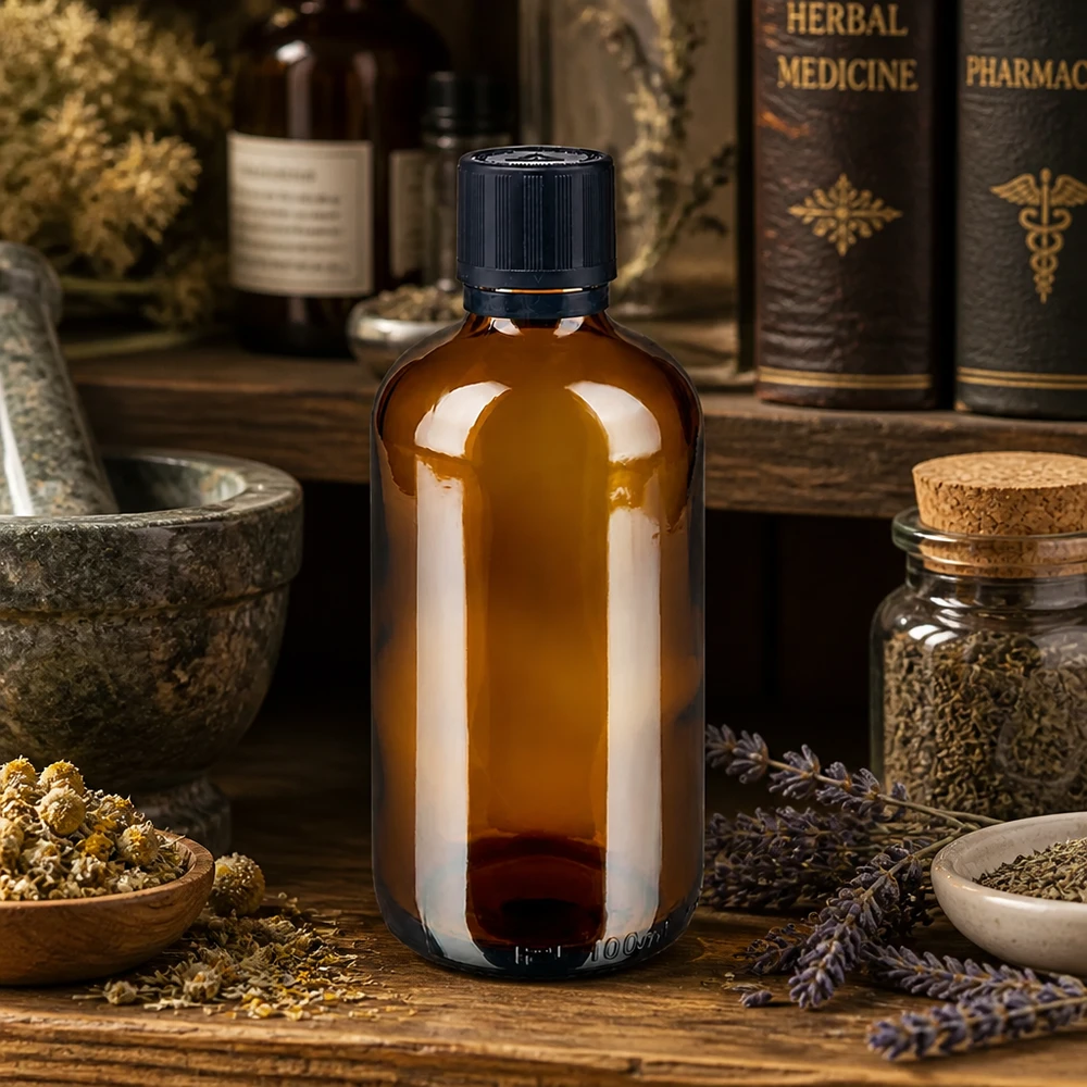 Flacon de pharmacie de 100 ml en verre ambré, muni d'un bouchon d'origine et d'une sécurité enfant, contenant des herbes médicinales séchées