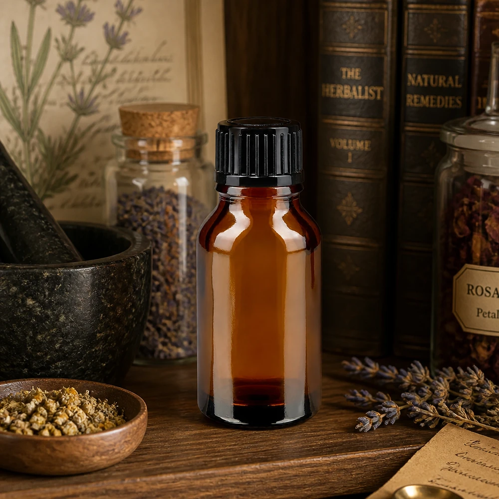 Flacon à pharmacie brun 15ml bouchon compte-gouttes noir 1mm std Flacon en verre brun de pharmacie de 15 ml avec bouchon doseur noir de 1 mm, destiné à la naturopathie et à la phytothérapie
