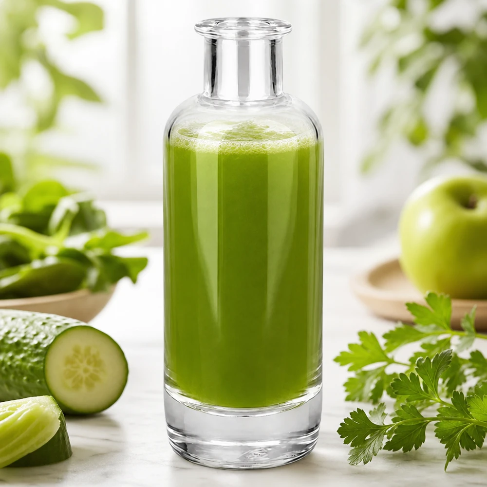 Bouteille en verre 200 ml « Ella » sans bouchon UNiTWIST® Bouteille de pharmacie Ella de 200 ml remplie de smoothie vert montre l'utilisation pour les boissons et les cosmétiques