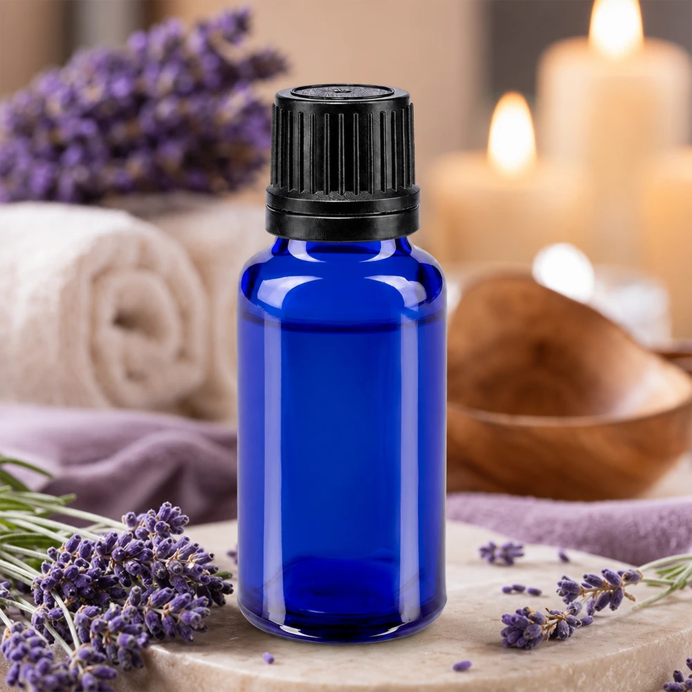 Flacon à pharmacie bleu 20ml bouchon à vis noir bague de coulée bouchon d'inviolabilité Petit flacon de pharmacie bleu de 20 ml pour huiles essentielles, muni d'un bouchon à vis à l'épreuve des enfants
