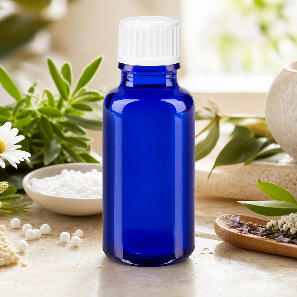 Flacon à pharmacie bleu 20ml bouchon à vis blanc Globuli Standard Flacon homéopathique bleu résistant aux UV, 20 ml, avec un goulot de 3 mm et un bouchon à vis blanc