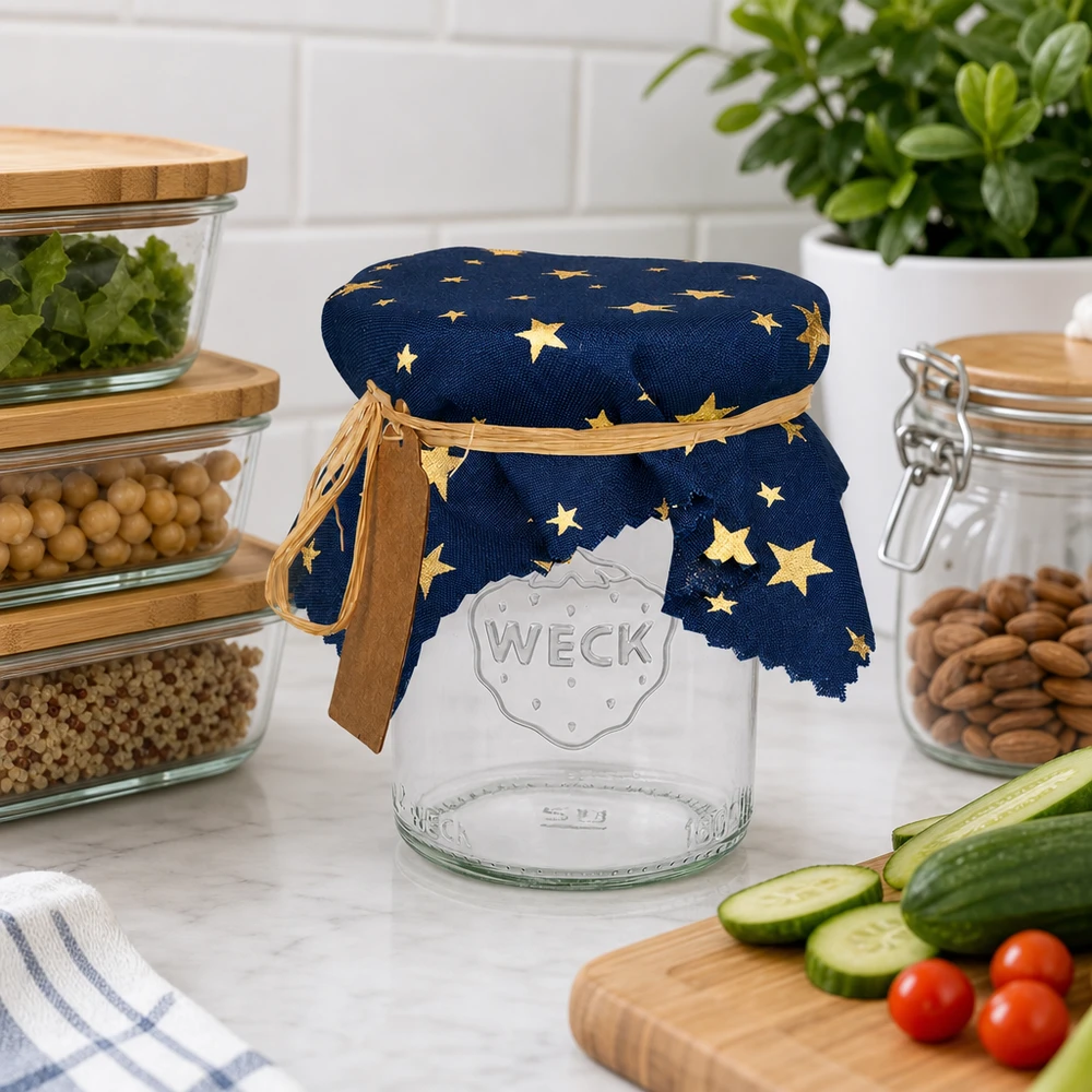 Couvercle en tissu bleu étoiles 150x150mm carré Tissu napperon décoratif avec étoiles sur bocal à côté d'ustensiles de cuisine et de légumes - napperon bleu 15cm