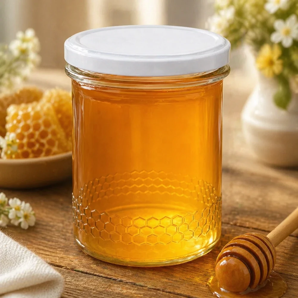 Pot de miel de 400 ml rempli de miel doré à côté de la cuillère à miel et du nid d'abeille Scène de cuisine naturelle en nid d'abeille