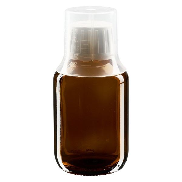 Flacon médical norme européenne de 100 ml, avec bouchon à vis blanc et gobelet doseur de 30 ml Flacon médical norme européenne de 100 ml, avec bouchon à vis blanc et gobelet doseur de 30 ml