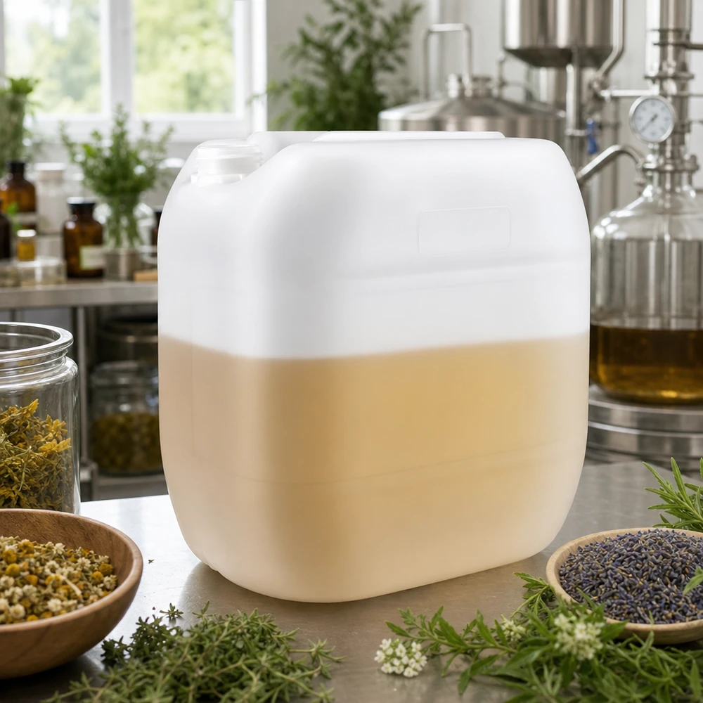 Jerrican de 30 litres sans bouchon Bidon de 30 litres sans bouchon, entouré de camomille et de lavande, en cours de production