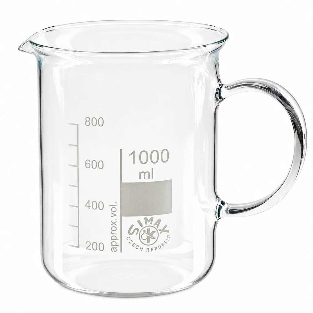 Bécher avec poignée 1000ml en verre borosilicate résistant à la chaleur (forme normale) Verre à bec Simax de 1 000 ml avec bec verseur et anse, en verre borosilicaté de haute qualité