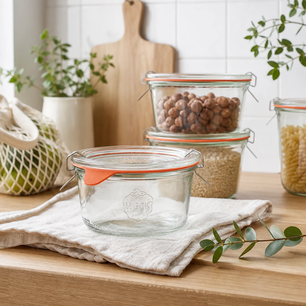 WECK Verre renversé 165ml RR80 dans une cuisine moderne avec des bocaux à provisions pleins de noix et de céréales sur un plan de travail en bois