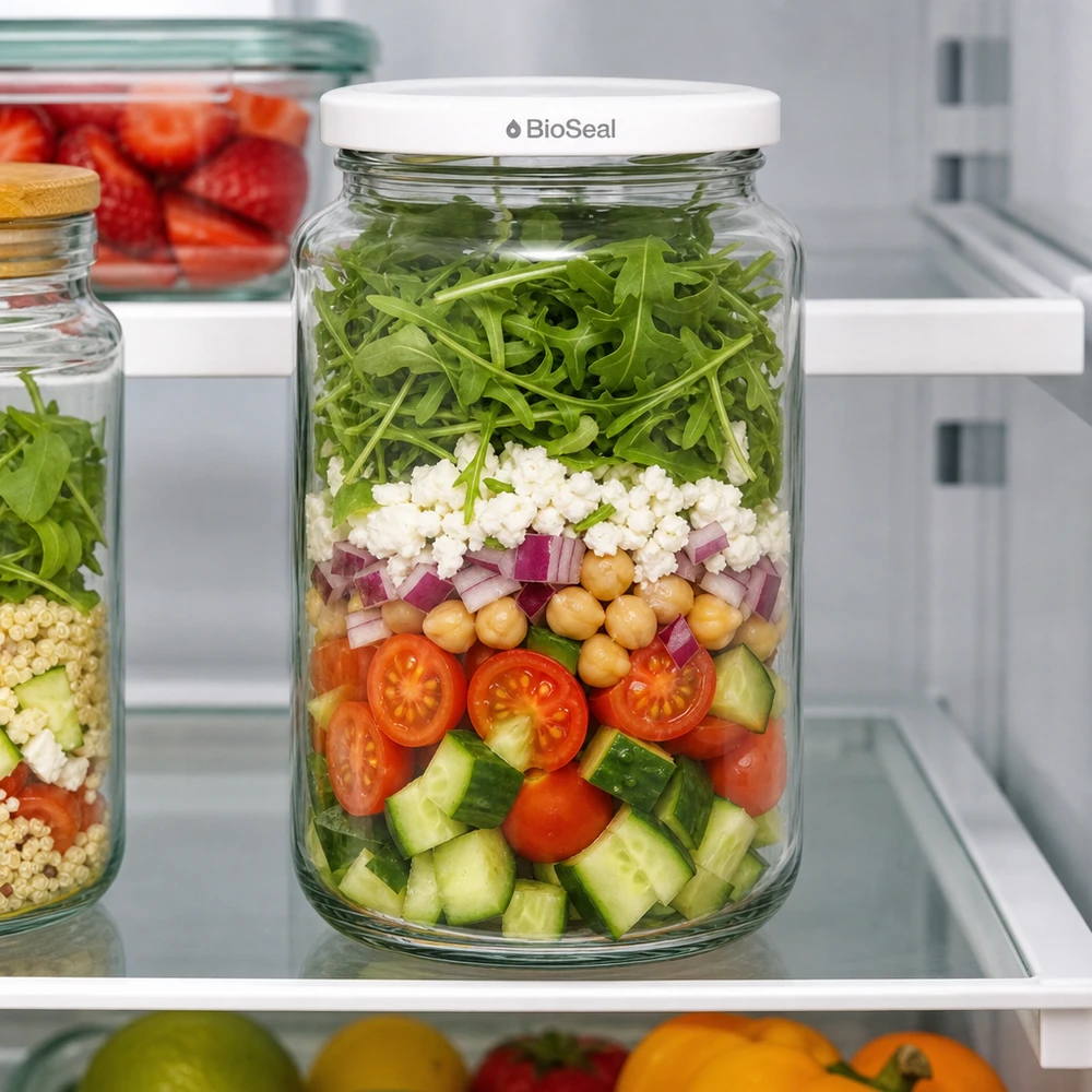 UNiTWIST Runda382 Salade à couches dans le réfrigérateur - Bocal Meal Prep avec légumes frais et couvercle blanc BioSeal