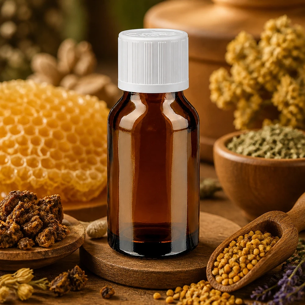 Petit flacon de pharmacie en verre ambré de 30 ml avec un bouchon KiSi blanc, entre la propolis, le pollen d'abeille et le rayon de miel