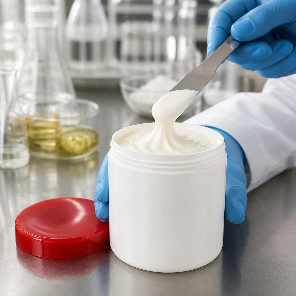 Pot à onguent blanc 30 g avec couvercle rouge (PP) Pot à pommade de 30 g en PP, conforme aux normes pharmaceutiques, destiné aux crèmes et pommades dans un environnement de laboratoire stérile