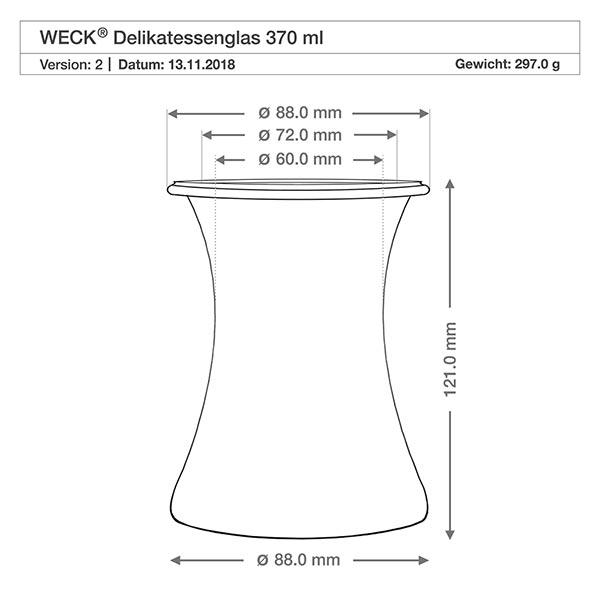 Set de 24 bocaux Weck 370ml verre d'épicerie fine WECK Delikatessengl 370ml RR80 Dessin technique Dimensions Diamètre Hauteur Spécification du produit