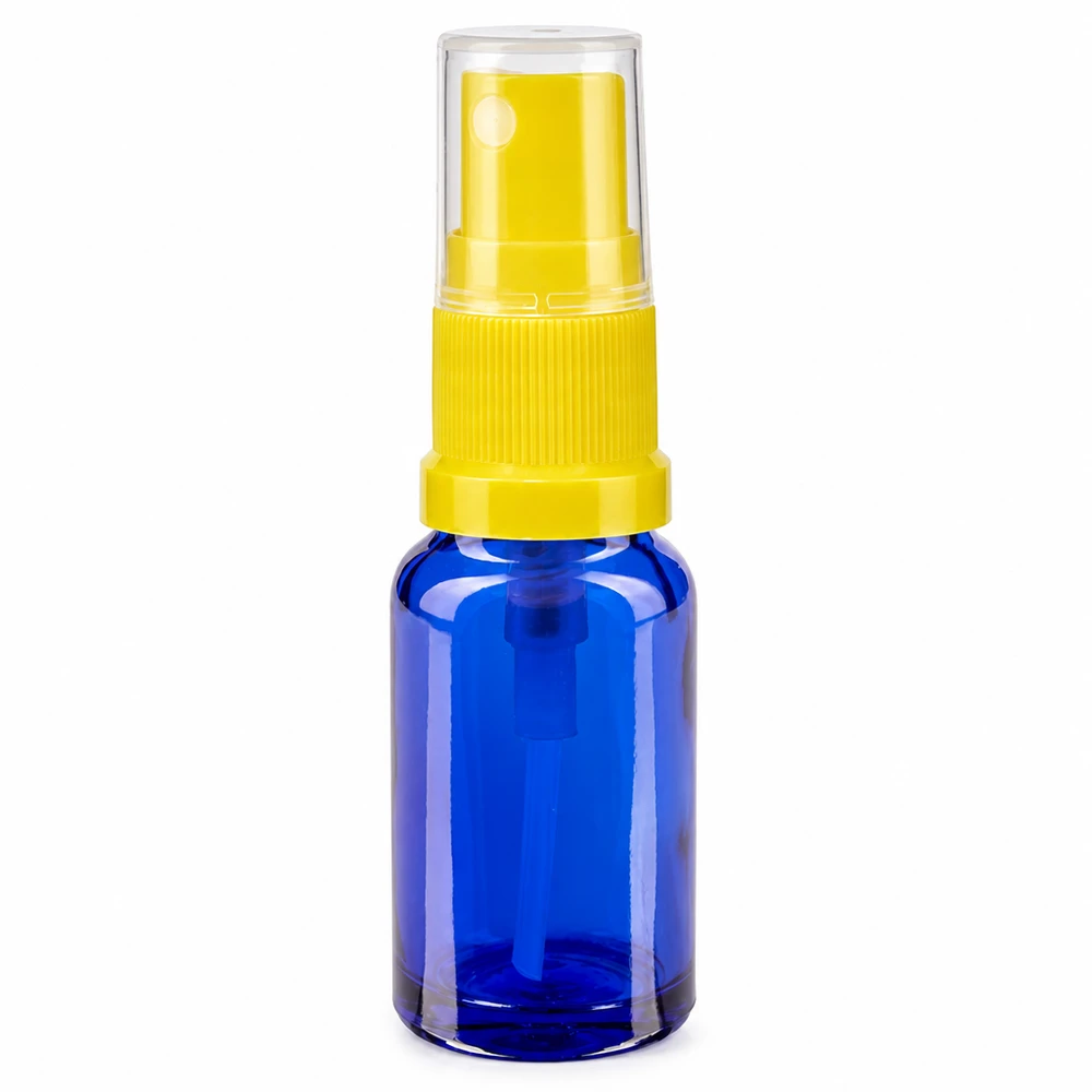 Petit flacon de pharmacie bleu de 30 ml avec vaporisateur jaune, en verre de protection de haute qualité