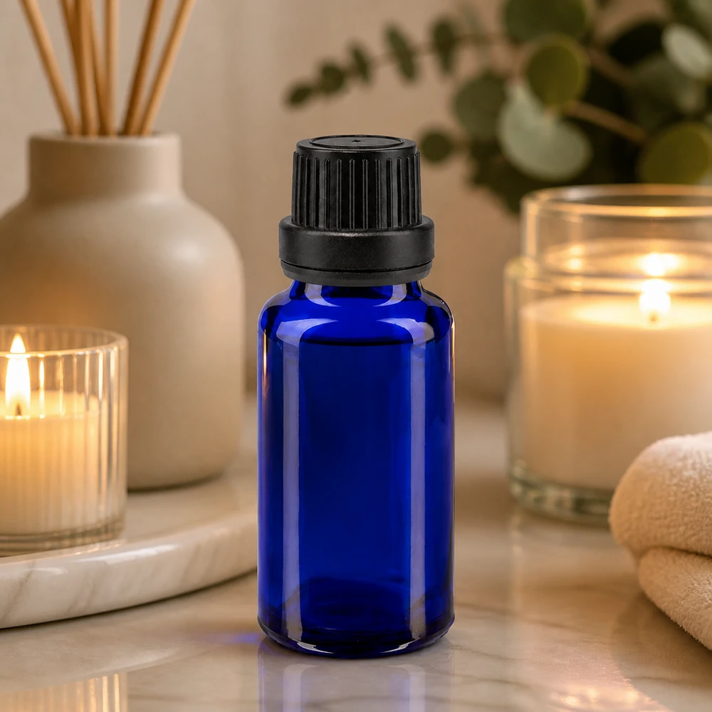 Flacon en verre bleu cobalt de 20 ml avec bouchon à vis à sécurité enfant, dans un décor de spa bien-être