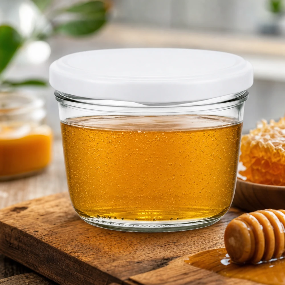 230ml Verre conique avec couvercle BasicSeal blanc UNiTWIST 230ml pot renversé avec couvercle blanc pour le miel - Pot d'apiculteur avec cuillère à miel sur table en bois rustique