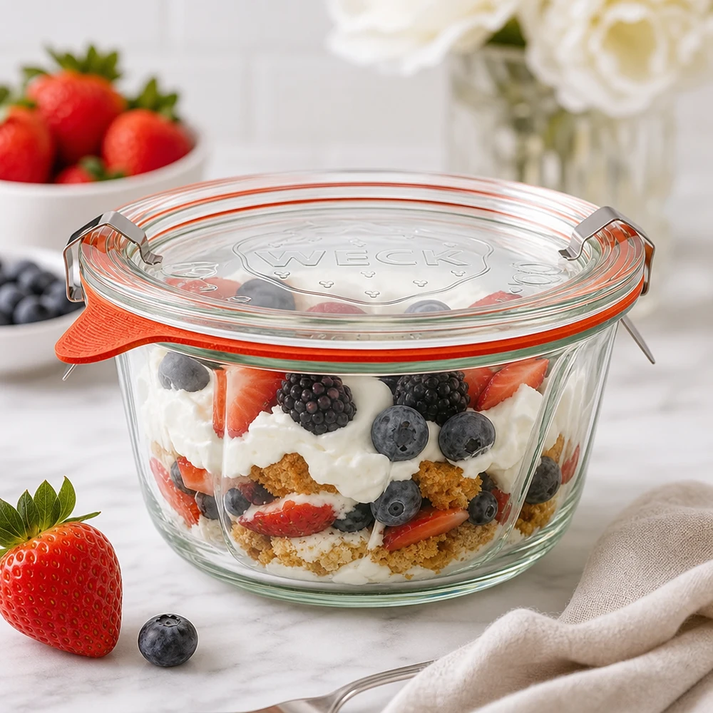 WECK Pot à kouglof 280ml RR100 comme verre à dessert avec des couches de baies et de crème remplies avec un bord de couvercle orange