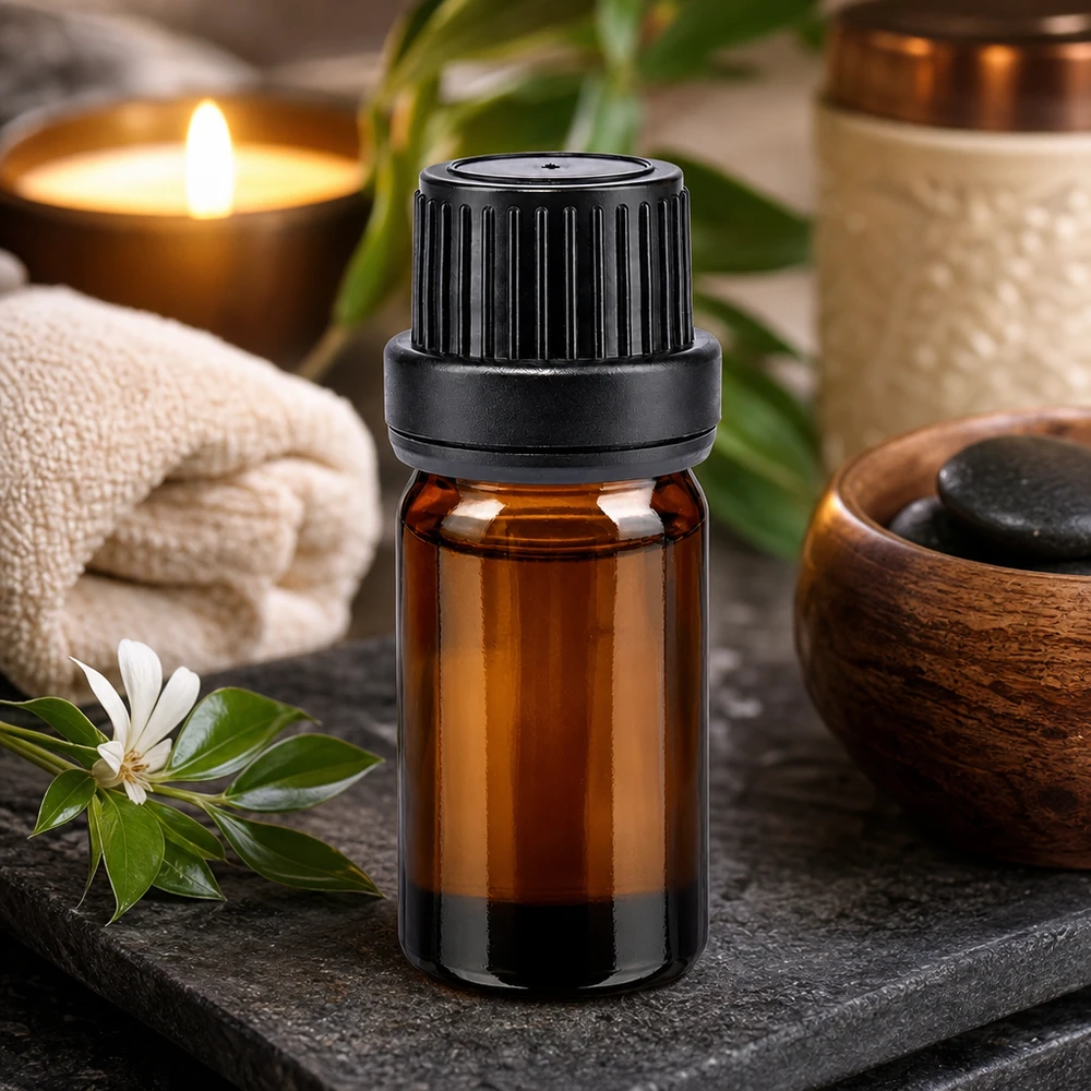 Flacon de pharmacie brun 5ml bouchon vissable noir étanche bouchon d'inviolabilité Flacon de pharmacie compact de 5 ml en verre ambré avec bouchon OV noir, entouré d'accessoires de spa