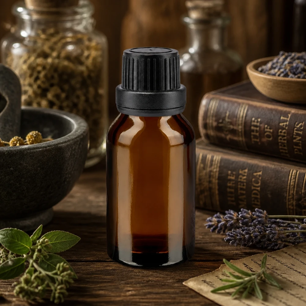 Flacon de pharmacie de 30 ml en verre ambré avec bouchon OV de 11 mm, entouré de lavande et d'un mortier