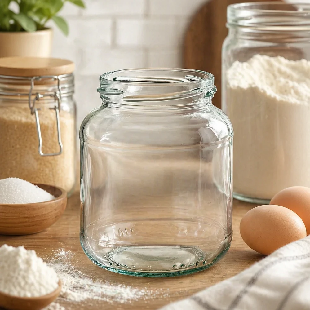 370ml Verre ovale sans couvercle (TO66) UNiTWIST UNiTWIST Oval370 Pot de conservation 370ml vide sur table en bois avec farine oeufs et ustensiles de cuisine en arrière-plan