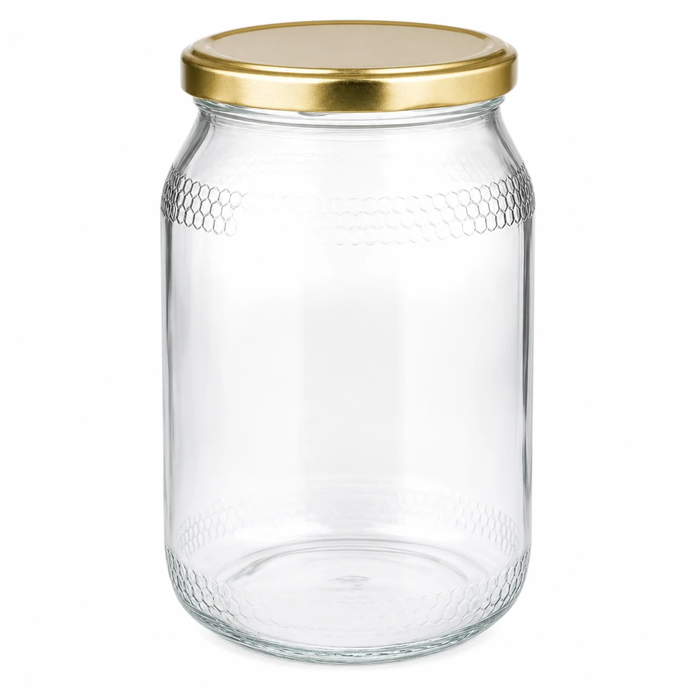 Pot à miel de 900ml avec couvercle doré BasicSeal UNiTWIST - pot en verre vide pour le miel avec gravure en nid d'abeille