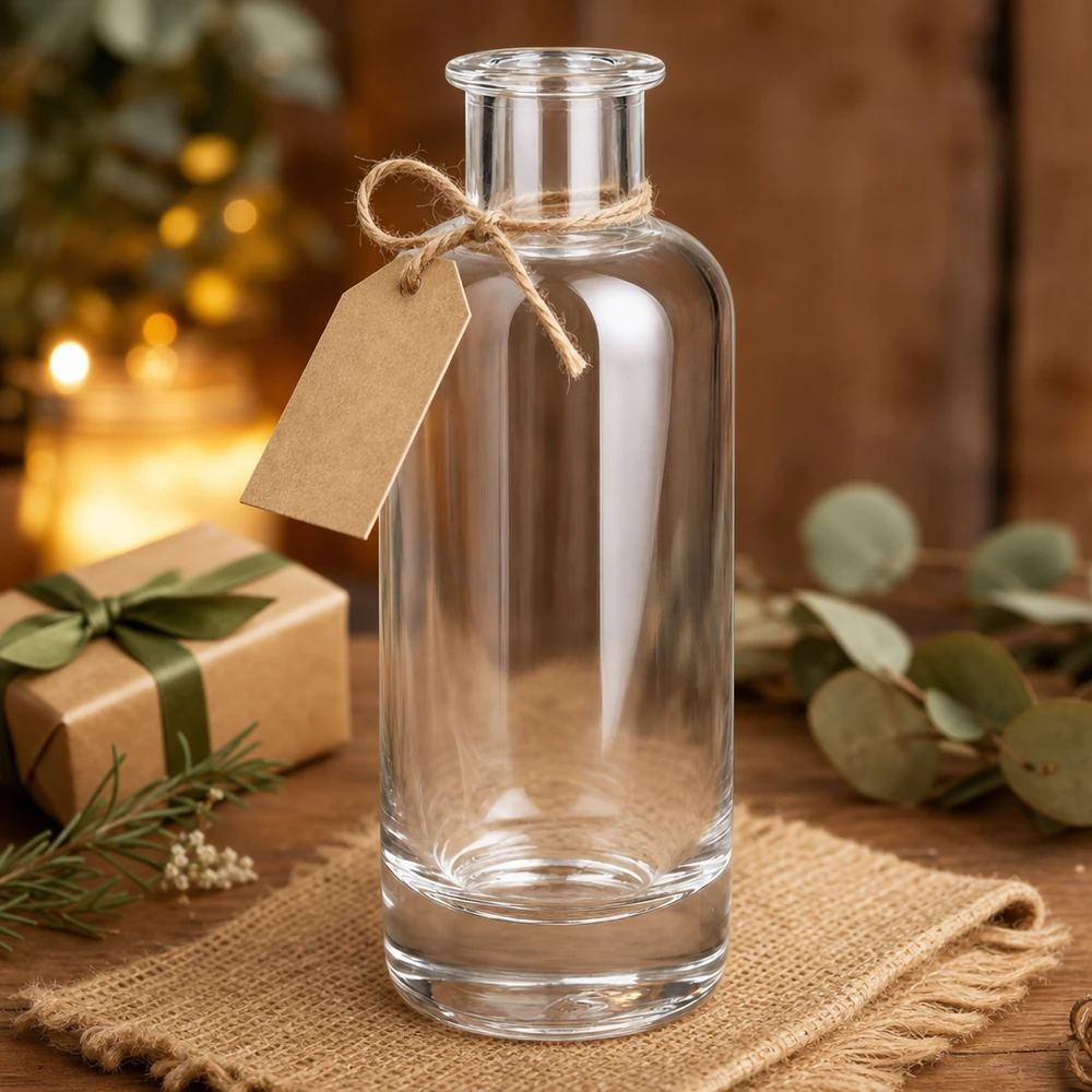 Bouteille en verre 200 ml « Ella » sans bouchon UNiTWIST® Bouteille en verre 200ml Ella vide avec étiquette cadeau et ruban de jute décorée sur bois comme cadeau de Noël