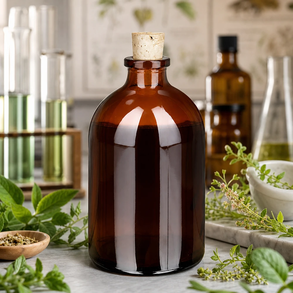 Flacon en verre ambré 100 ml avec bouchon de liège 11/14 mm Rundbodenflasche 100ml Braunglas mit Korkdurchmesser 11/14mm neben Mörser und Kräuterextrakten