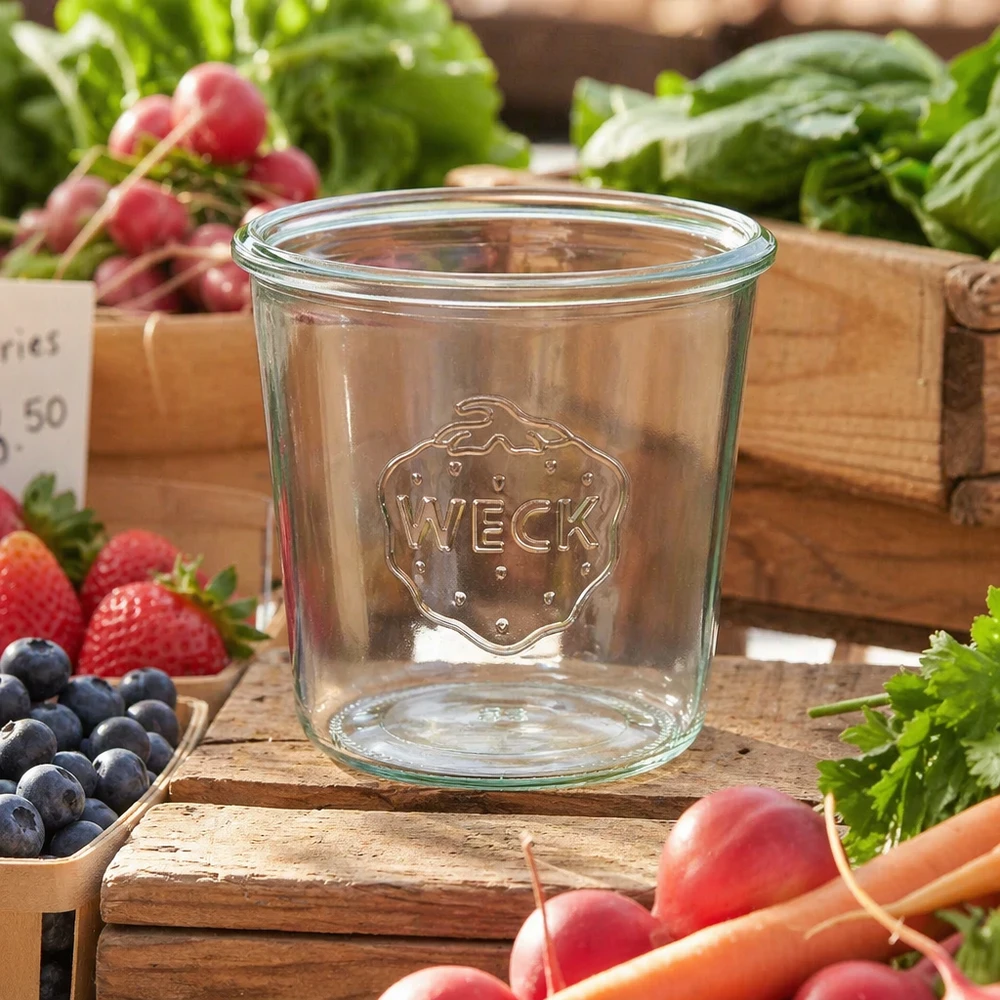 580ml bocal conique WECK RR100 580ml WECK Pot renversé RR100 Pot de conservation sur planche en bois avec des fruits et légumes frais du marché