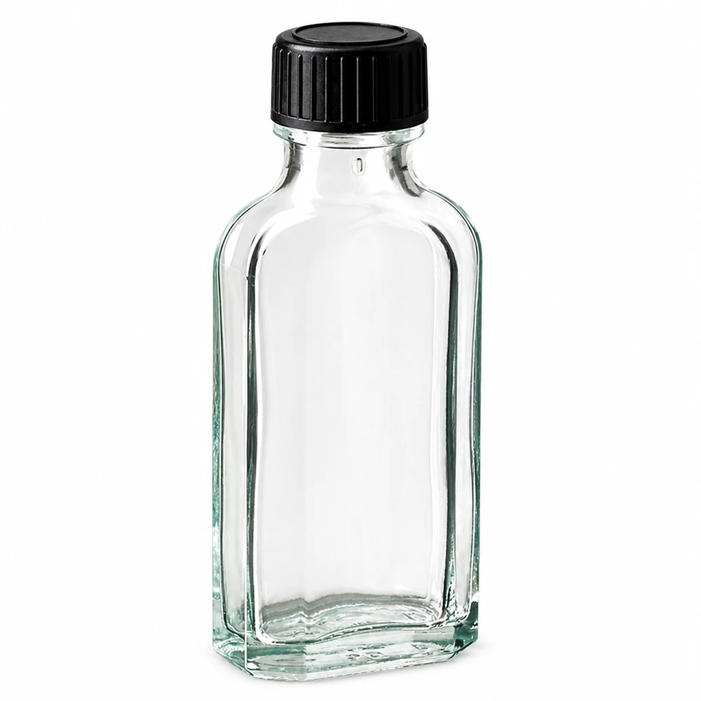 Flasque transparente de 50 ml au goulot DIN 22, avec bouchon à vis DIN 22 noir et joint LKD Petite bouteille carrée en verre transparent de 50 ml avec un bouchon en plastique noir