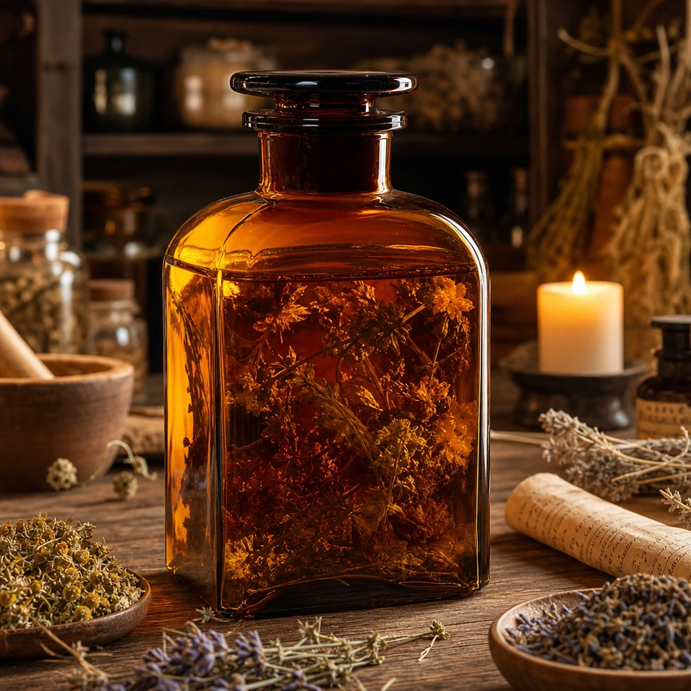 Flacon carré col large 500 ml + bouchon RIN, verre ambré Bouteille brune à col large de 500 ml, de forme carrée, en verre anti-UV, pour extraits de plantes médicinales