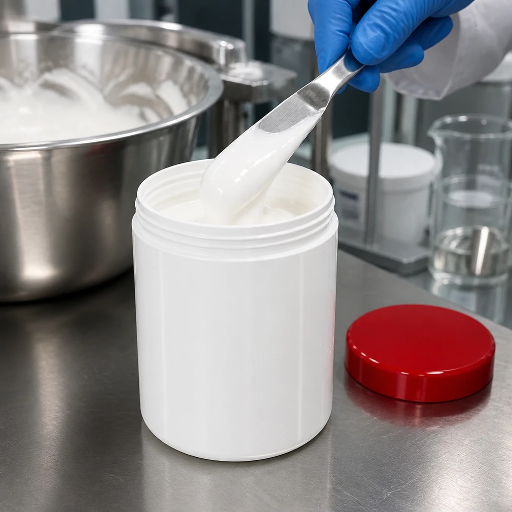 Pot à onguent blanc 20 g avec couvercle rouge (PP) Pot professionnel pour pommade blanche de 20 g en PP, avec couvercle rouge et spatule en acier inoxydable