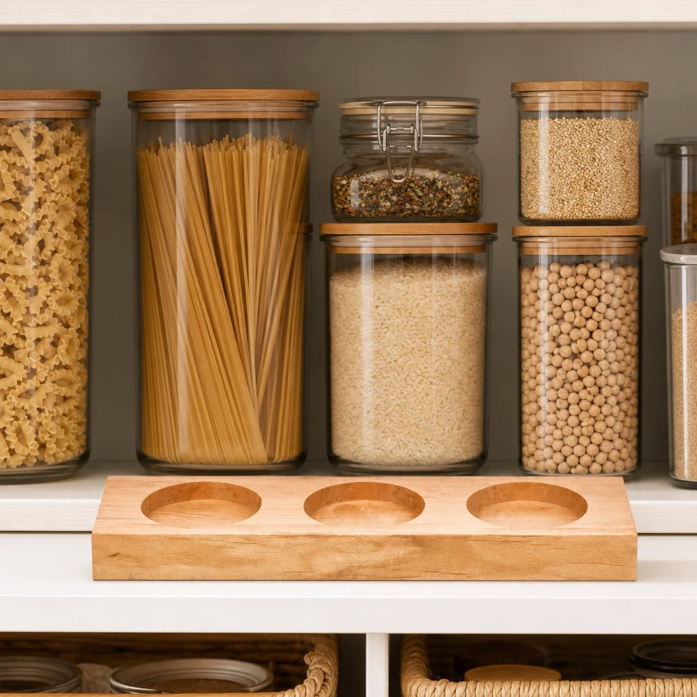 Planche de service Plano3 pour bocaux WECK dans une cuisine à provisions organisée avec des pâtes et des légumineuses en bocaux de conservation
